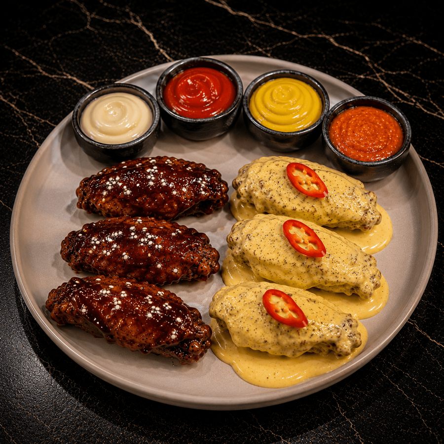 6 alitas en dos salsas